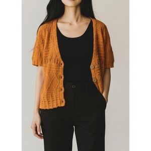 Sundance Womens Small Orange Pointelle Knit Short Sleeve Button Cardigan Sweater